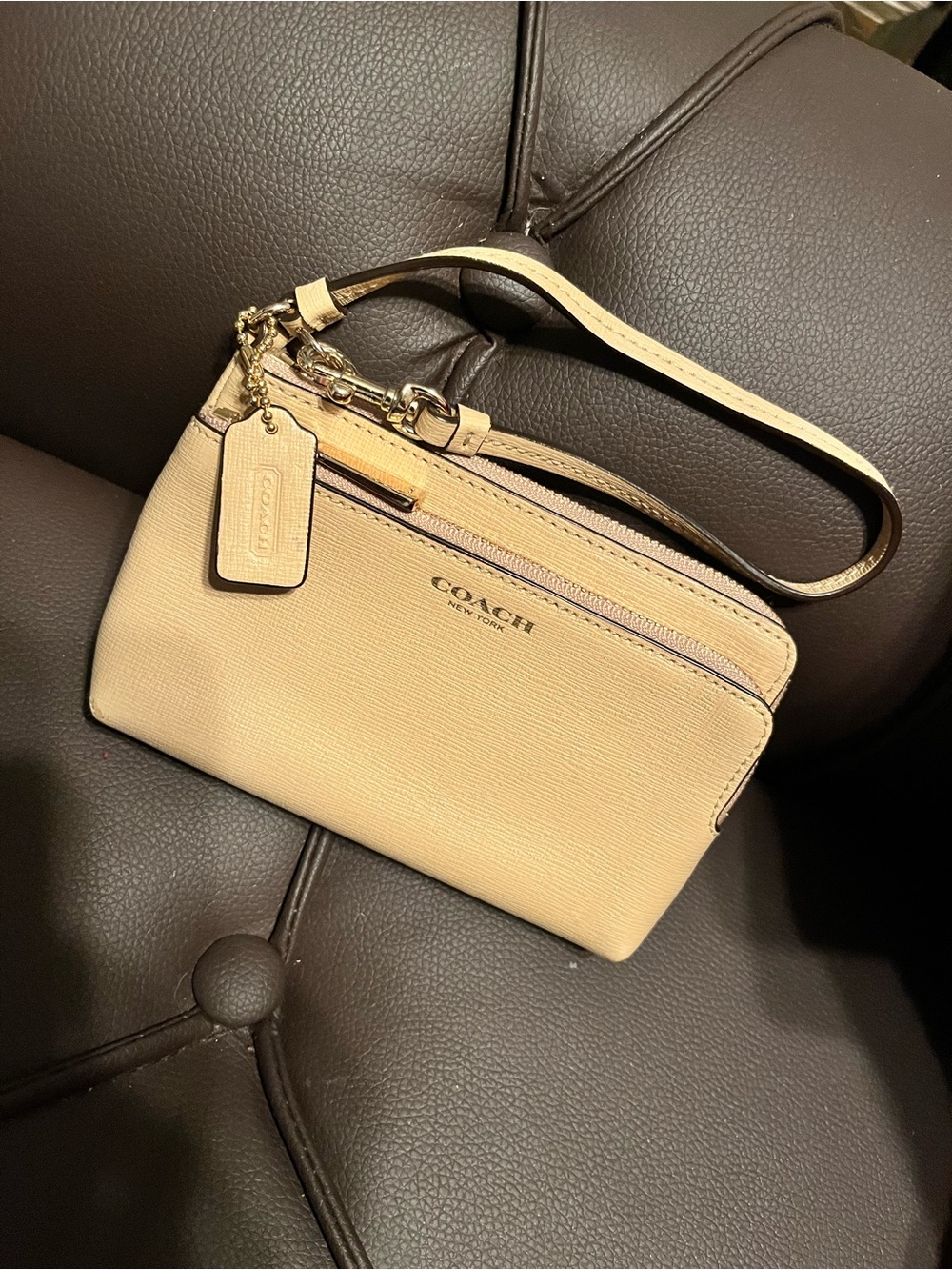 Coach Pale Yellow Leather Double Zip Wristlet with Gold Hardware